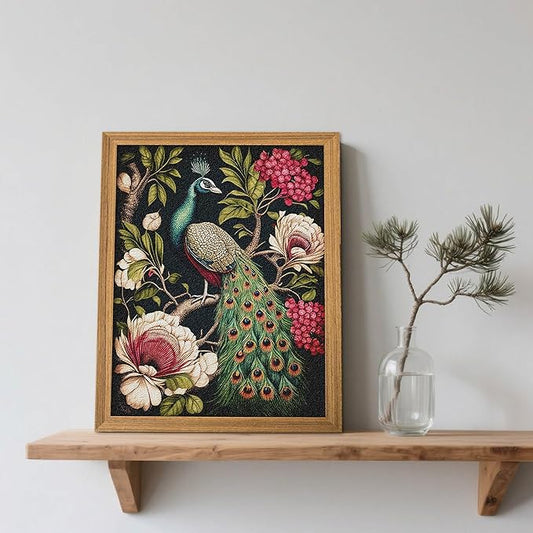 Framed Vintage 3D Textured Wall Art, Hand Drawn Sandstone Peacock Wall Decor, Modern Farmhouse Decor, Rural Botanical Floral Picture Painting Artwork for Living Room Bedroom 12x16 inch