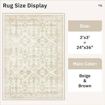 Soalmost 2x3 Washable Rugs for Kitchen, Floor, Entryway, Powder Room Small Area Rug Non-Slip Vintage Low Pile Throw Door Mat Beige/Brown