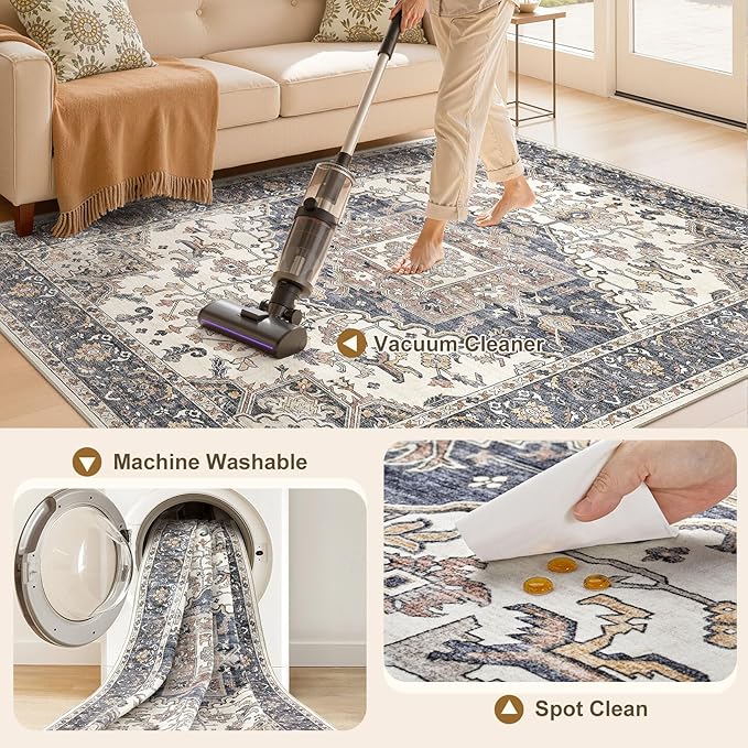 12x15 Washable Area Rugs for Living Room: Non Slip Vintage Beige Blue Rug, Large Soft Stain Resistant Indoor Floor Carpets for Bedroom Dining Room Nursery Home Office Kid & Pet Friendly