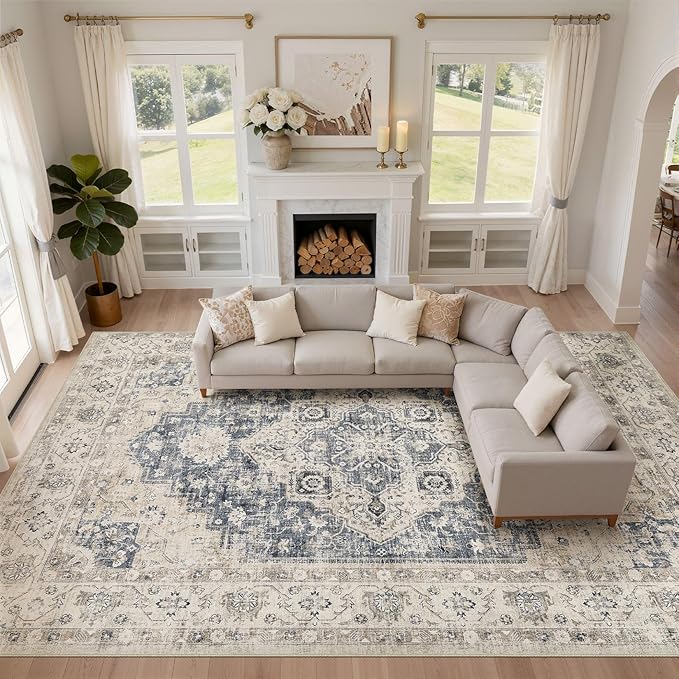 10x14 Area Rugs Living Room: Washable Boho Large Neutral Vintage Soft Rug Stain Resistant Distressed Farmhouse Non-Slip Indoor Floor Carpet for Bedroom Nursery Kids Office Dining Room- Brown Blue