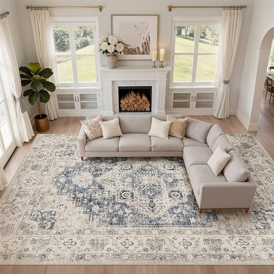 10x14 Area Rugs Living Room: Washable Boho Large Neutral Vintage Soft Rug Stain Resistant Distressed Farmhouse Non-Slip Indoor Floor Carpet for Bedroom Nursery Kids Office Dining Room- Brown Blue