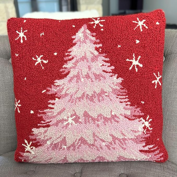 Hand Hooked Christmas Pillow - 18X18 inches Throw Pillow for Couch or Dorm (Pink Tree)