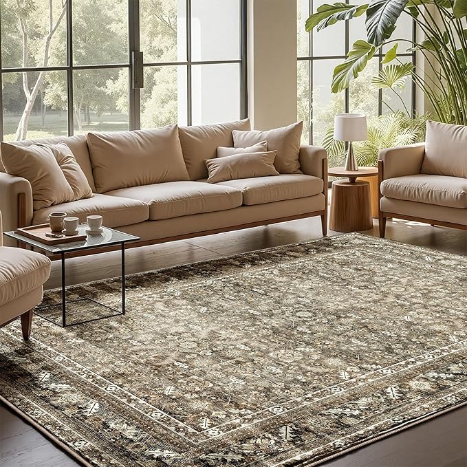 OPPODREAM Vintage Brown Area Rugs 8x10, 8 x 10 Retro Washable Rug Non Slip, Low-Pile Faux Wool Carpet, Distressed Floor Mat for Living Room, Bedroom, Office, Dorm, Dinning Room, Big & Large