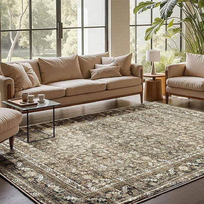 OPPODREAM Vintage Brown Area Rugs 10x14, 10 x 14 Retro Washable Rug Non Slip, Low-Pile Faux Wool Carpet, Distressed Floor Mat for Living Room, Bedroom, Office, Dorm, Dinning Room, Big & Large