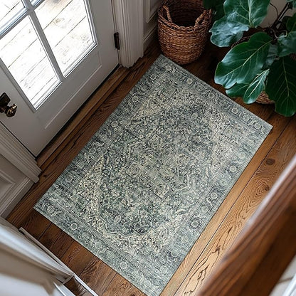 BILEEHOME Dark Emerald Green 2x3 Rug for Living Room,Vintage Floral Waterproof Non Slip Cool Area Rugs for Men Office Hardwood Floors Bedroom