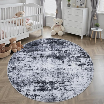 Round Area Rug for Living Room: 8 ft Washable Modern Abstract Soft Thin Rug Indoor Floor No Slip Stain Resistant Carpet for Bedroom Dining Room Farmhouse Nursery Home Office - Black