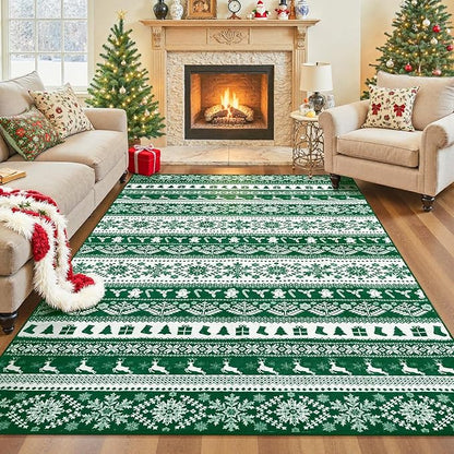 8x10 Area Rugs for Living Room, Washable Christmas Vintage Floral Carpet, Non Slip Low Pile Soft Large Snowflake Print Rugs for Bedroom Bedside Farmhouse Dining Room Kids Nursery, Green/White