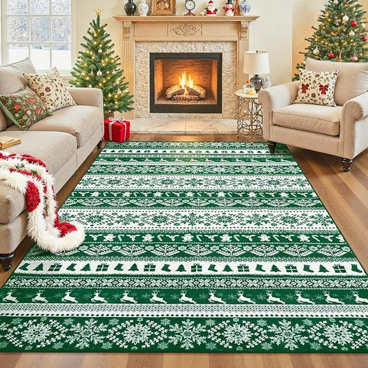 8x10 Area Rugs for Living Room, Washable Christmas Vintage Floral Carpet, Non Slip Low Pile Soft Large Snowflake Print Rugs for Bedroom Bedside Farmhouse Dining Room Kids Nursery, Green/White