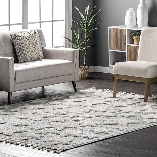 Nuloom Raven Light Grey/Ivory, 4' x 6', Modern Stars, High Low, Shag, Tassel, Soft and Plush, High Traffic, Stain Resistant, Easy Clean, Durable Area Rug for Bedroom, Living Room, Dining, Den, Foyer