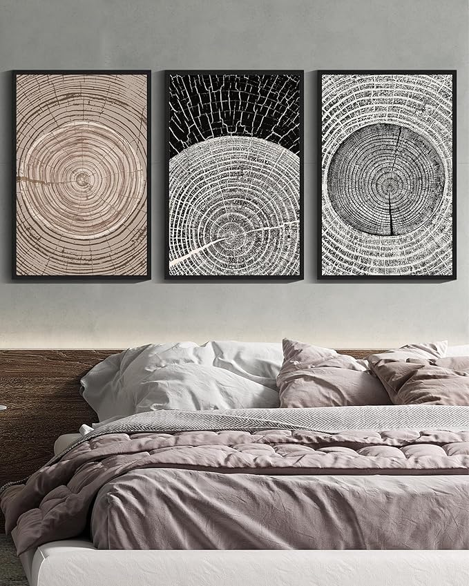 PHOPAGO Vintage Wood Tree Rings Wall Art Large 24x36in Farmhouse Rustic Framed Canvas Paintings Living Room Bedroom Decor Nature Artwork Black Framed