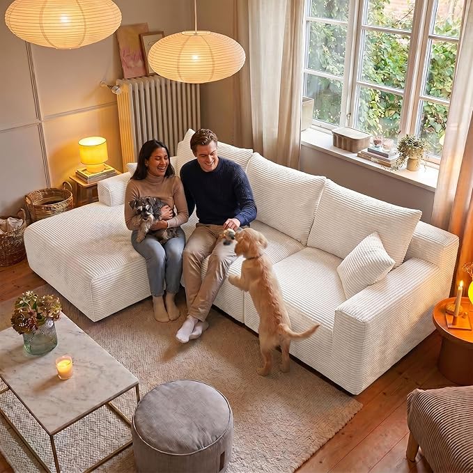 Homkdom L-Shaped Cloud Boneless Couch with Deep Seat, Modular Sectional Sofa with Oversized Chaise, 6 Layouts Combination for Living Room, Apartment, No Assembly (White, Left Chaise)