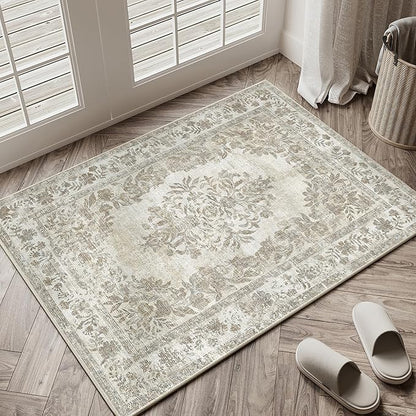 PureCozy 2x3 Area Rug Beige Washable Entryway Door Mat Indoor Vintage Medallion Floral Carpet Kitchen Bathroom Distressed Entrance Retro Small Non Slip Accent Throw Bedroom Office Dining Living Room