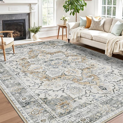 LUMI 5x8 Washable Area Rug for Living Room, Ultra Soft Stain Resistant Carpet with Non Slip Rubber Backing, Non-Shedding Low Pile Rugs for Bedroom, Dining Room, Indoor, Office