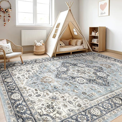 5x8 Area Rugs Living Room: Washable Boho Large Neutral Vintage Soft Rug Stain Resistant Farmhouse Non-Slip Indoor Floor Carpet for Bedroom Nursery Kids Playroom Office Dining Room- Blue Tan