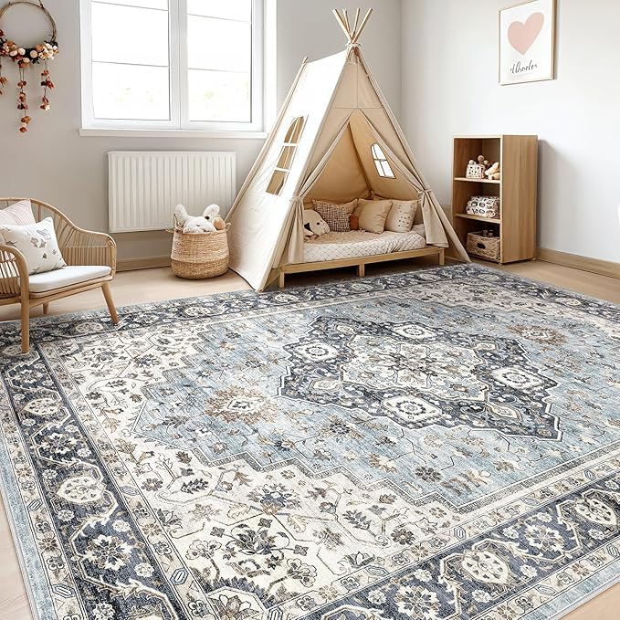 6x8 Area Rug Living Room: Washable Boho Large Neutral Vintage Soft Rug Stain Resistant Farmhouse Non-Slip Indoor Floor Carpet for Bedroom Nursery Kids Office Dining Room Home House- Blue Tan