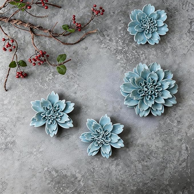 CEUYGT Ceramic Flowers 3D Wall Art Decor Handmade 3D Wall Art Hanging Sculpture for Living Room Bedroom Blue Peony 4.72"