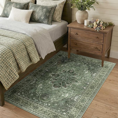 RELEANY Area Rugs 3'x4' Washable Non-Slip, Floral Vintage Distress Print Pattern Medallion Carpet for Living Room Bedroom Dining Room, Dark Green Gray