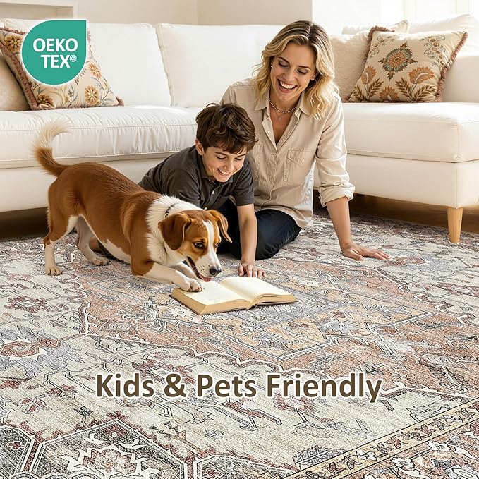 6x9 Washable Area Rugs for Living Room: Non Slip Vintage Brick Red Rug, Large Soft Stain Resistant Indoor Floor Carpets for Bedroom Dining Room Nursery Home Office Kid & Pet Friendly