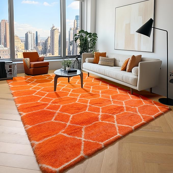 ONASAR Area Rugs for Bedroom Living Room, 4x6 Fluffy Orange and White Throw Rug, Geometric Soft Shaggy Fuzzy Plush Indoor Floor Carpet for Kids Teen Nursery Dorm Office Home Decor Aesthetic