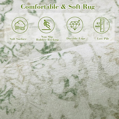 Green 3x10 Runner Rug for Hallways Bed Side Kitchen, Boho Washable Distressed Low-Pile Floor Entryway Long Bathroom Mat, Non-Slip Laundry Room Washstand Front Carpet Green 36x84 Inch