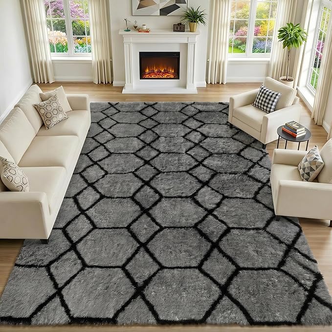 ONASAR Area Rugs for Bedroom Living Room, Fluffy 4x6 Grey and Black Bedside Rug for Nursery Kids Teen Dorm, Soft Shaggy Geometric Plush Fuzzy Indoor Floor Carpet for Home Decor Aesthetic