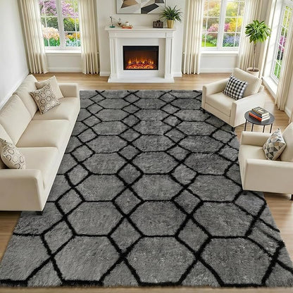ONASAR 5x7 Area Rugs for Living Room Bedroom, Fluffy Grey and Black Throw Rug, Geometric Boho Soft Plush Shaggy Floor Carpet for Nursery Kids Girls Boys Teen Dorm Home Decor Aesthetic