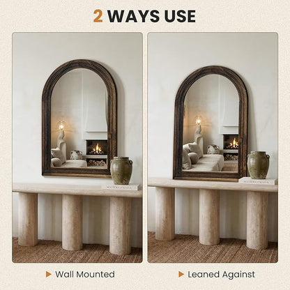 TRAHOME Arched Bathroom Mirror, 36"x24" Brown Wood Frame Wall Mirror, Farmhouse Vintage Vanity Mirror with Layered Frame for Entryway, Living Room, Bedroom