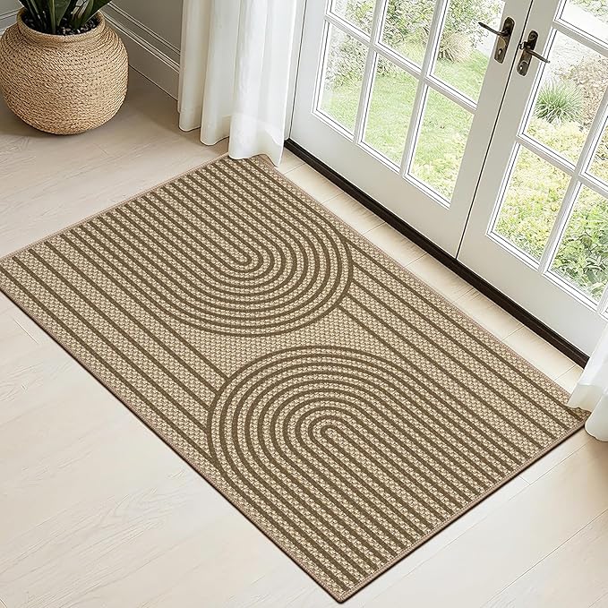 Easy Jute Front Door Mat, 2' x 3' Entryway Porch Rug, Brown Farmhouse Ultra-Thin Washable Non-Slip Mat for Indoor Foyer & Outdoor Patio Decor