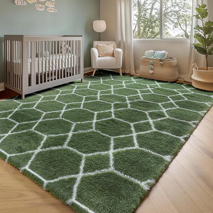 ONASAR Area Rugs for Bedroom Living Room, 4x6 Fluffy Olive Green and White Throw Rug, Soft Plush Fuzzy Shaggy Geometric Floor Carpet for Nursery Kids Girls Boys Teen Dorm Home Decor Aesthetic