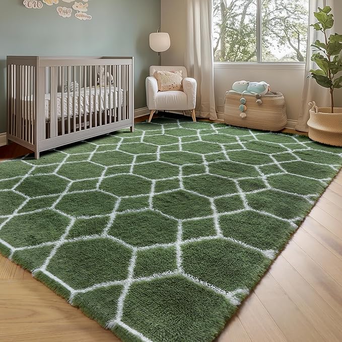 ONASAR 6x9 Area Rugs for Living Room Bedroom, Large Fluffy Olive Green and White Throw Rug, Geometric Soft Plush Shaggy Fuzzy Floor Carpet for Nursery Kids Girls Boys Teen Dorm Home Office Decor
