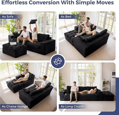 MAXYOYO 104" L Shaped Modular Sectional Sofa with Ottoman, Cloud Boneless Couch with Layered Cushion, Upholstered Sofa Flexible Module Combination for Living Room, No Assembly, Black