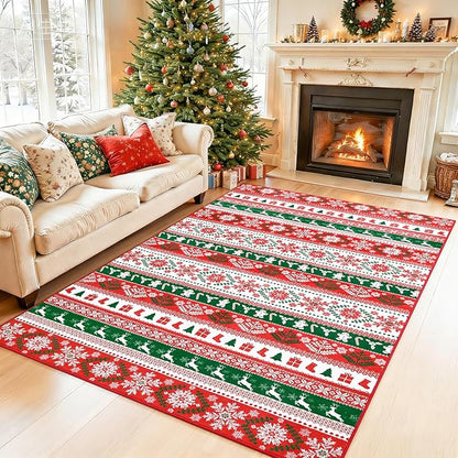 Area Rugs for Bedroom, 4x6 Ft Indoor Washable Rugs for Entryway Snowflake Print Living Room Carpet, Farmhouse Welcome Front Door Mat Non Slip Carpet for Entrance Porch Bath Kitchen, Green/Red