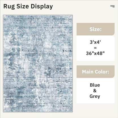 Soalmost 3x4 Rug, Small Area Rug for Kitchen, Entryway, Machine Washable Non-Slip Throw Rug, Vintage Carpet for Nursery Coffee Table Blue/Grey