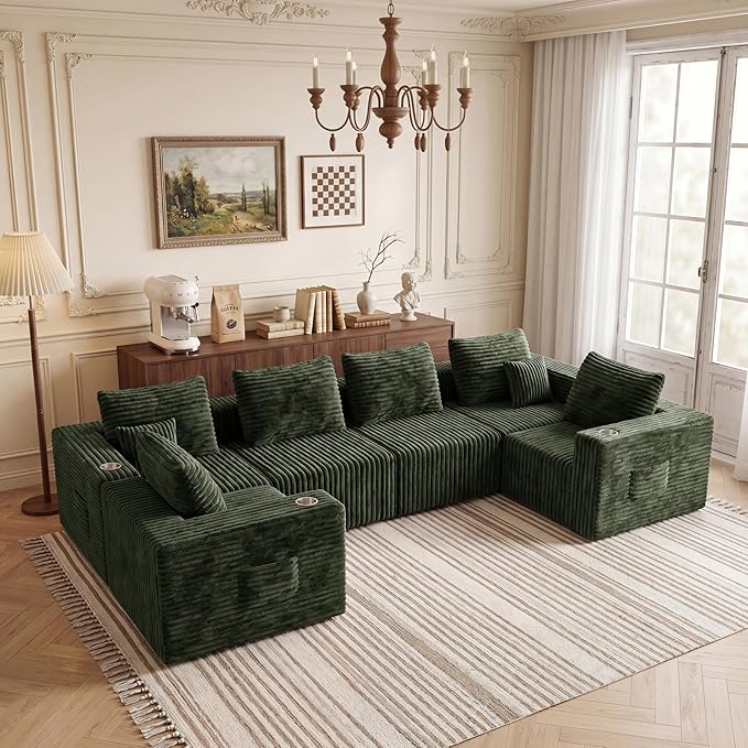 137'' U-Shaped Cloud Modular Sectional Sofa, Modern Corduroy Memory Foam Couch with Cup Holders, Upholstered Boneless Deep Seat Fluffy 6-Seater Sofa, No Assembly Needed, Olive Green, for Living Room