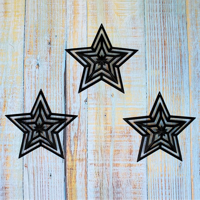 CVHOMEDECO. Primitives Rustic Antique Vintage Gifts Cut-Outs Metal Barn Star for Wall/Wreath/Door Decor, 8-Inch, Set of 3.(Black)