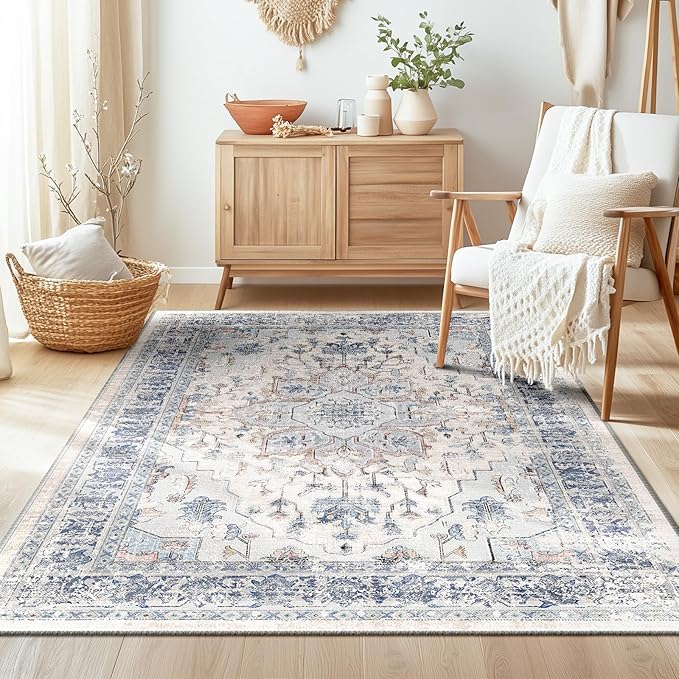 BESTSWEETIE 3x5 Area Rug Washable Rugs for Living Room, No Pile Boho Carpet for Entryway Bedroom Dinning Room, Vintage Carpet Print Distressed Non-Slip, 3 x 5 ft, Beige Blue