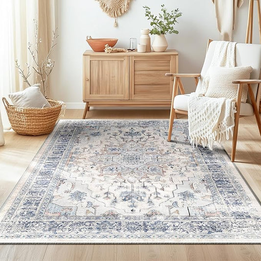 BESTSWEETIE 3x5 Area Rug Washable Rugs for Living Room, No Pile Boho Carpet for Entryway Bedroom Dinning Room, Vintage Carpet Print Distressed Non-Slip, 3 x 5 ft, Beige Blue
