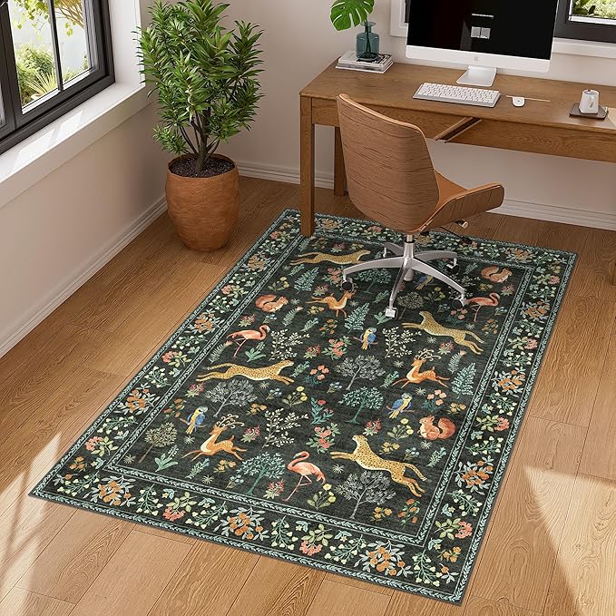 DUKINO 3x4 Washable Entryway Rug, Vintage Animal Ultra Soft Kitchen Area Rug with Non Slip Backing, Low Pile & Stain Resistant Indoor Door Mat for Bathroom, Bedroom, Laundry Room, Office, Black