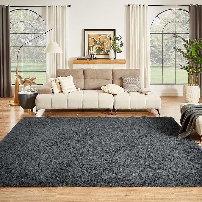 Floralux Area Rugs 9x12 Living Room, Dark Grey, Large Shag Rug Bedroom Rug, Ultra Soft Shaggy Fluffy Carpet for Playroom, Plush Modern Carpets for Kids Room, Dorm Home Decor Aesthetic