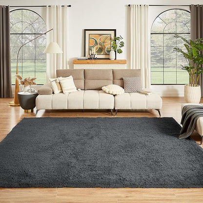 Floralux Area Rugs 9x12 Living Room, Dark Grey, Large Shag Rug Bedroom Rug, Ultra Soft Shaggy Fluffy Carpet for Playroom, Plush Modern Carpets for Kids Room, Dorm Home Decor Aesthetic
