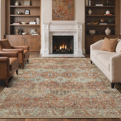 GENIMO 5x7 Area Rugs for Living Room, Machine Washable Non Slip Rugs, Low Pile Lightweight Print Rug for Bedroom, Dining Room, Home Office, Vintage Brick Red