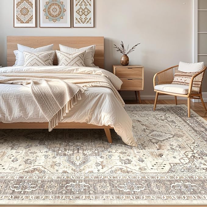 10x14Ft Area Rugs Living Room: Washable Boho Large Neutral Vintage Soft Rug Stain Resistant Farmhouse Non Slip Indoor Floor Carpet for Bedroom Nursery Kids Playroom Office Dining Room- Beige Brown