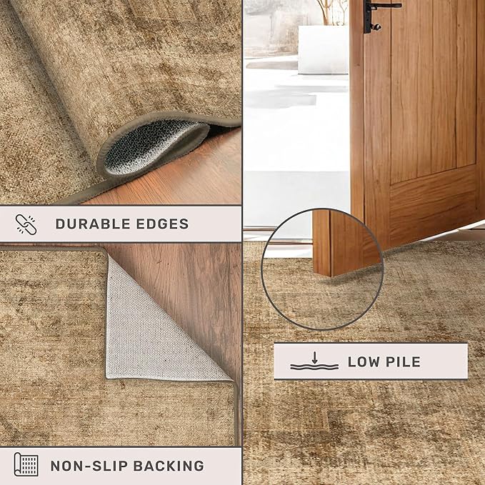 Hazo Haus Vintage Dark Gold Rugs for Living Room - 6x9 Distressed Print Pattern Large Area Rug for Bedroom, Dining Room Under Table, Thin & Soft Washable Brown and Yellow