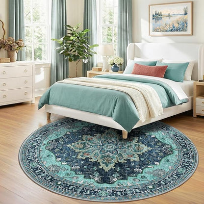 RELEANY Area Rugs Round 8ft Washable Non-Slip, Floral Vintage Distress Print Pattern Medallion Carpet for Living Room Bedroom Dining Room, Teal Green Lake Blue Turquoise