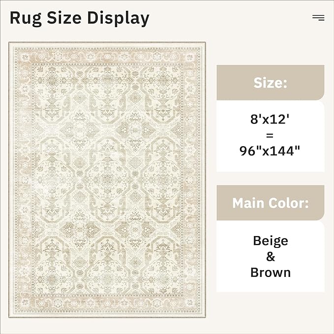 Soalmost Washable Area Rug 8x12, Large Soft Rugs for Living Room Vintage Beige/Brown Carpet 8x12 Area Rugs for Bedroom Dining Room Non-Slip Stain Resistant Under Table Rug