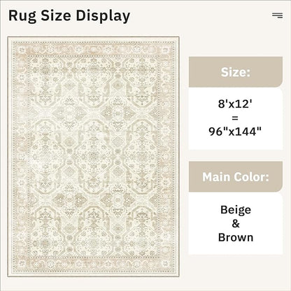 Soalmost Washable Area Rug 8x12, Large Soft Rugs for Living Room Vintage Beige/Brown Carpet 8x12 Area Rugs for Bedroom Dining Room Non-Slip Stain Resistant Under Table Rug