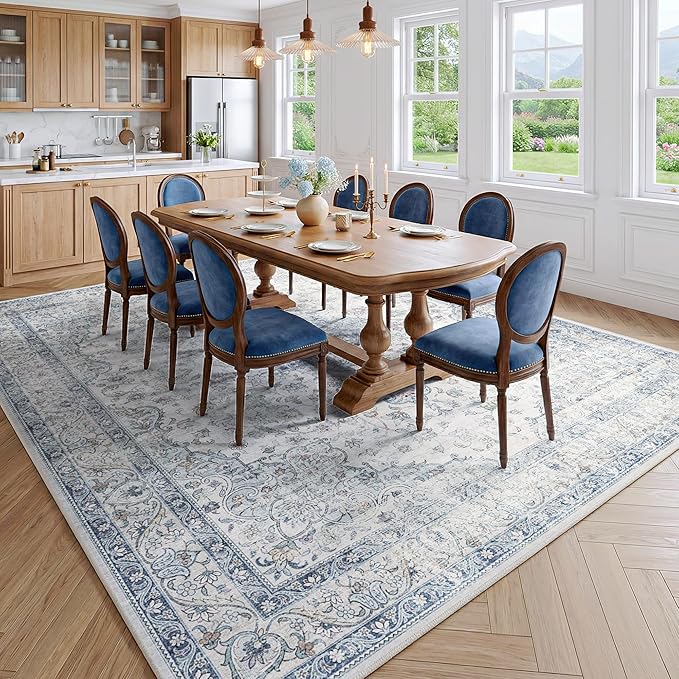 FMFUNCTEX 9x12 Blue Washable Area Rug Vintage Distressed Oriental Non Slip Low Pile Neutral Indoor Carpet for Living Room Bedroom Soft Retro Floral Thin Large Rug for Dining Nursery Office Dorm