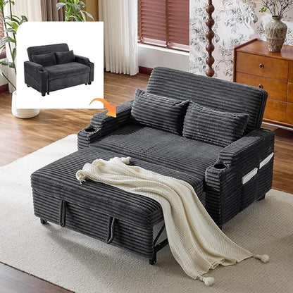 VINGLI Dark Gray Futon Sofa Bed Convertible Loveseat Sleeper Sofa Couch, Corduroy Pullout Sofa Fold Out Couch Bed with USB Ports, Cup Holders, Armrest for Living Room, Bedroom Apartment Room | Lovesest Sleeper