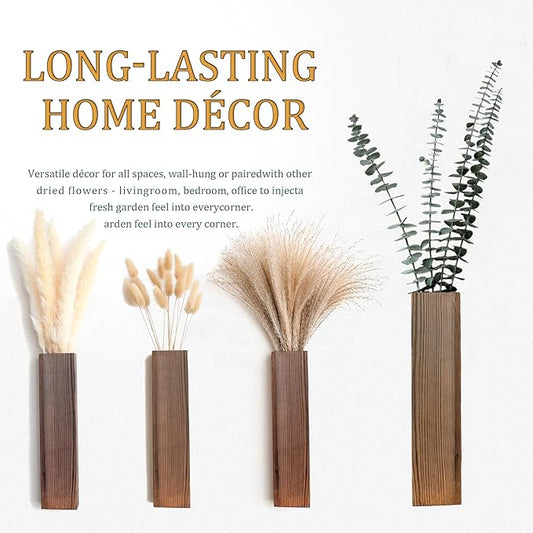 Wall Vase Set of 4 – Wooden Hanging Vases with Pampas Grass & Eucalyptus Dried Flowers – Modern Farmhouse Home Decor for Living Room, Entryway, Bathroom, Hallway & Dining Room