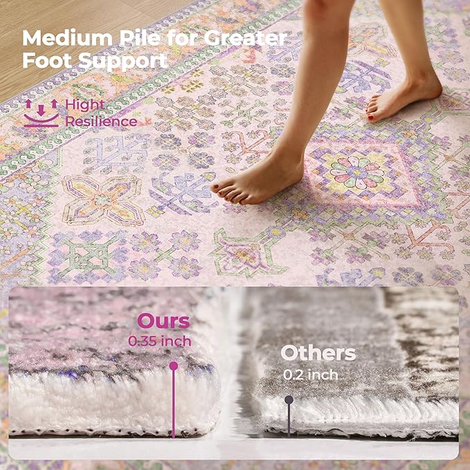 Kokia 9x12 Area Rugs for Living Room, Stain Resistant Machine Washable Rug, Non Slip Backing Boho Rugs for Bedroom, Printed Soft Vintage Carpet Lilac Lavender Purple 9 x 12